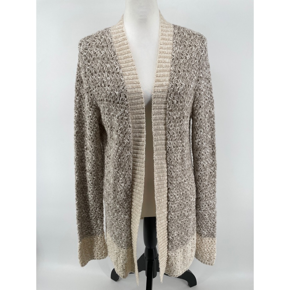Open Front Textured Knit Cardigan Womens Medium Beige Boho Earthy Cotton Blend